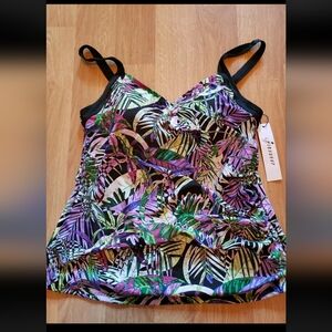 Minxueer Tropical Tankini Swimsuit Top Women's Sz 16 Tummy Control Black Purple